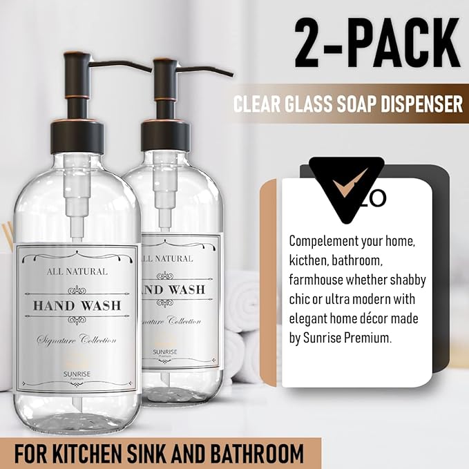 Sunrise Premium 2 Pack Clear Glass Soap Dispenser 16 OZ with Oil Rubbed Bronze Stainless Steel Pump, Hand and Dish Soap Dispenser Set for Bathroom and Kitchen Sink with 6 Waterproof Labels