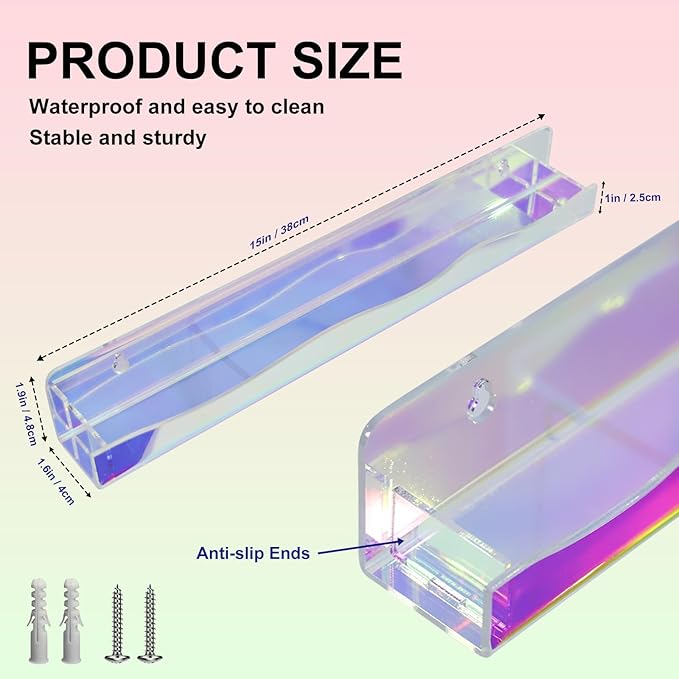 6 Pack Nail Polish Wall Rack Iridescent Acrylic Wall Shelves with Stopper 15 Inch Color Changing Display Ledges for Tattoo Ink Essential Oils Figurine Organizer, Rainbow Bookshelf, Room Decor