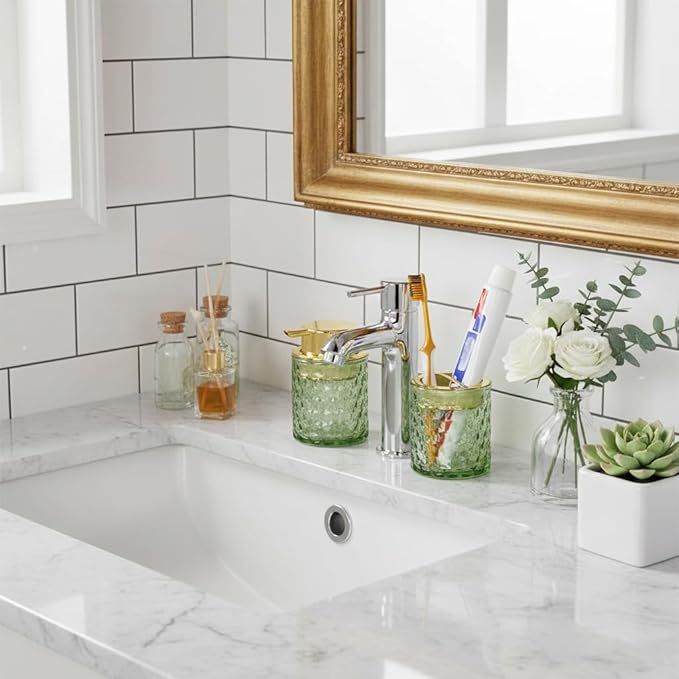 Bathroom Accessories Set 2pcs Glass Foaming Soap Dispenser and Toothbrush Holder for Bathroom Countertop, Green Glass Bathroom Assessory Set with Gold Decor