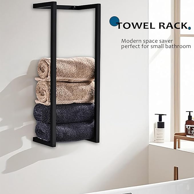 Towel Racks for Bathroom Rolled Towels,Small Vertical Towel Storage Rack for Bathroom,Premium Aluminum Matte Black Bath Towel Holder Wall Mounted,Easy to Install