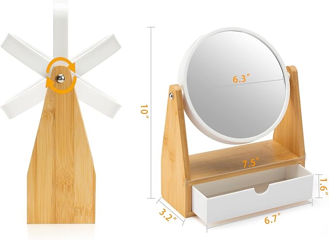 YEAKE Vanity Makeup Mirror with Natural Bamboo Stand, 1X/3X Double Sided Magnifying Mirror with Drawer,Portable Small Table Desk Countertop Mirror, Bathroom Shaving Mirror(Round)