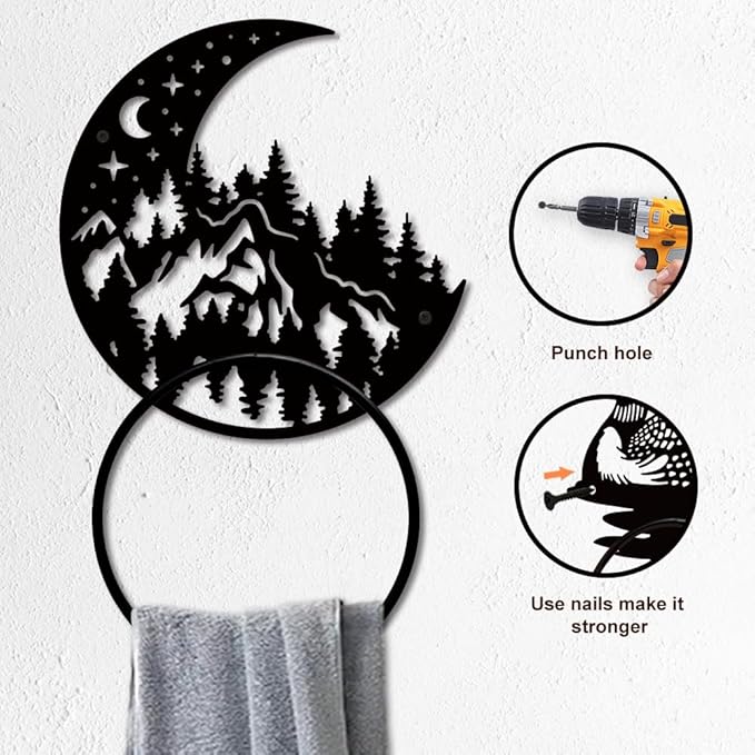 MAYJOYDIY Moon Forest Metal Towel Ring Mountain Landscape Towel Holder Moon Star Towel Ring Black Art Towel Rack Wall Mounted for Bathroom Kitchen Towel Hanger Home Decors Gift