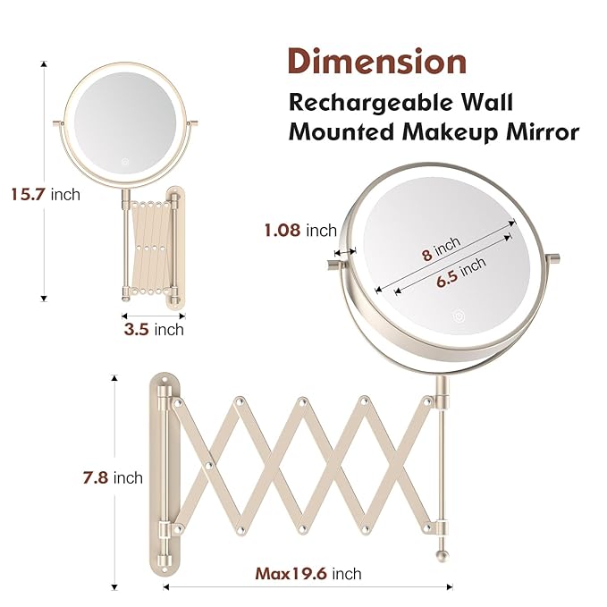 5000mAh Rechargeable Wall Mounted Makeup Mirror - 8 Inch Double Sided 1X/30X Magnifying Mirror with 3 Color Lights Dimmable Touch Screen, 360°Swivel 19.6 Inch Extendable Accordion Bathroom Mirror