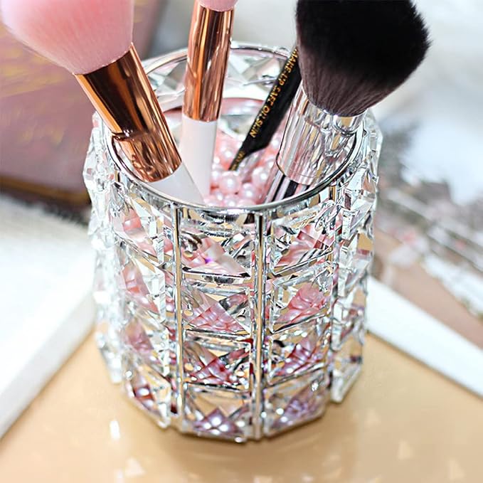 LUEXBOX 4 PCS Crystal Makeup Brush Holder, Bling Makeup Tools Organizer, Round Cosmetics Brush Storage Container for Table, Dresser, Bathroom, Bedroom Organization (Silver)
