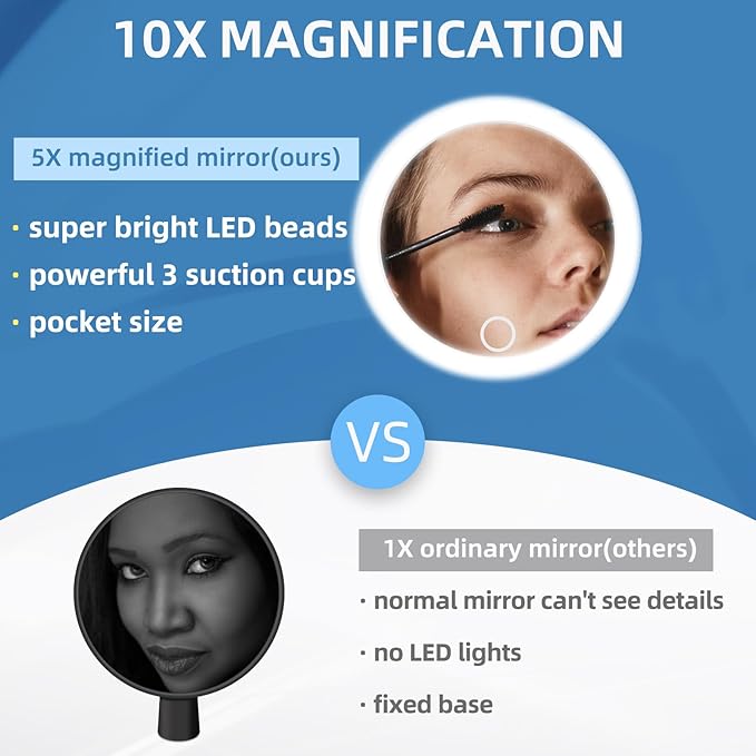 6" 10x Magnifying Mirror with Light Suction Cup,Led Close up Makeup Mirror with 360° Stand,3 Color Lighted Personal Mirror 10x,10 Times Functional Zoom Mirrors for Partial Details