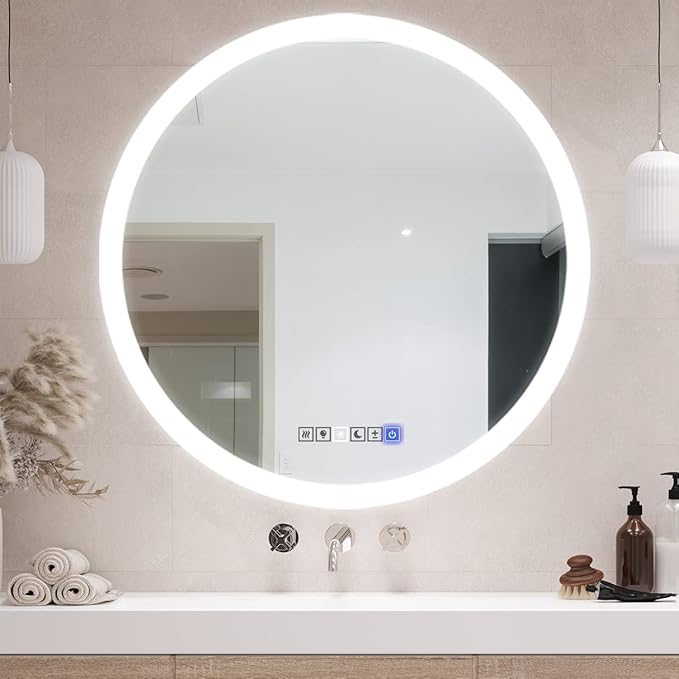 39 Inch Round LED Bathroom Mirror with 3 Color Modes, Touch Dimmer, Anti-Fog - Wall Mount Lighted Vanity Mirror for Makeup, Dressing Room - Fab Glass and Mirror