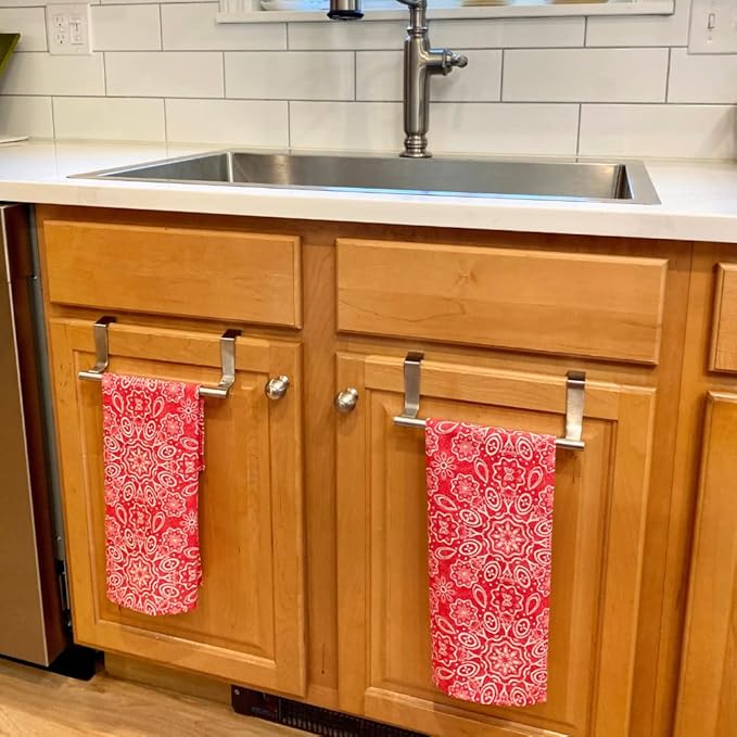 Evelots Towel Hook, Bar Over Cabinet Door - Kitchen, Bathroom - 2 Pack- Hand, Dish Towel Rack Holder - Inside or Outside Door - Brushed Stainless Steel - No Rust - No Scratch - No Installation