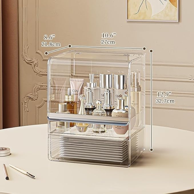Makeup Organizer with Lid Drawers Translucent Skincare Holder Large Capacity Cosmetics Countertop Storage Box for Vanity Easy Visibility Dustproof (Silver Clear,Large Organizer)