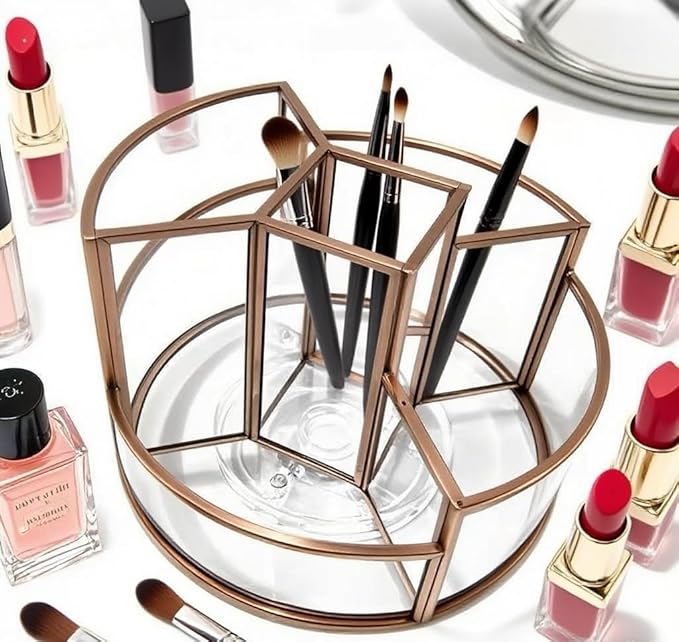 360° Rotate Makeup Brush Holder, Makeup Organizers Countertop, Perfume Tray, Bathroom Organizer and Storage for Eyeliner,Lipstick, Lazy Susan Organizer for Vanity Cabinet Dresser Bathroom (Brass)