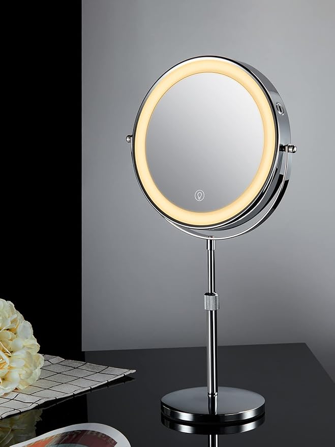 OMIRO 8.5 Inches Lighted Mirror with 3X/10X Magnifications, Double Sided Swivel Vanity Makeup Mirror with Height-Adjustable Stand (Silver)
