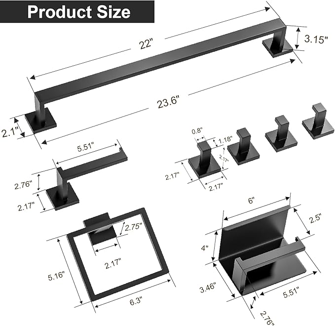 10 Pcs SUS304 Stainless Steel Bathroom Accessories Set, 23.6" Towel Bar, Multi-Purpose Toilet Paper Holder, Towel Ring, Towel Hooks, Minimalist Design for All Styles Bathrooms (Matte Black)