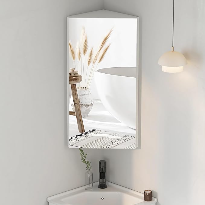 Corner Medicine Cabinet with Mirror,Bathroom Small Corner Medicine Cabinet, Wall Mount Bathroom Storage Cabinet,Opens Left & Right,Triple Shelf,12.6" W x 7.3" D x 23.6" H
