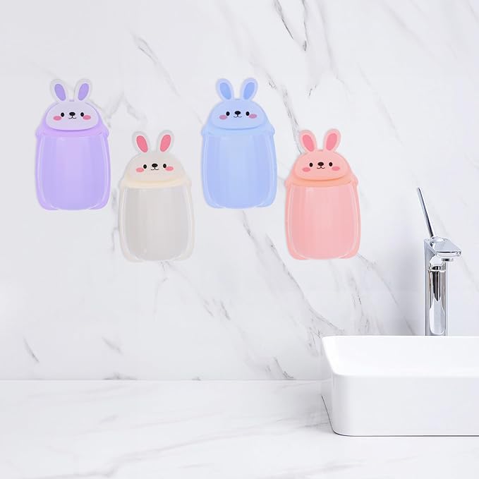 4pcs No-Drill Cute Bunny Wall Mounted Storage Shelves Bathroom and Kitchen Organizer Rack with Floating Bins in Blue, Purple, Pink, and White for Toiletries and Spice Storage