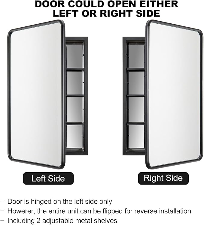 Black Bathroom Medicine Cabinet with Mirror 17 x 27 Metal Frame Recessed Or Wall Mounted Single Door Storage Medicine Cabinets with Adjustable Shelves Rounded Corner Beveled Mirrors
