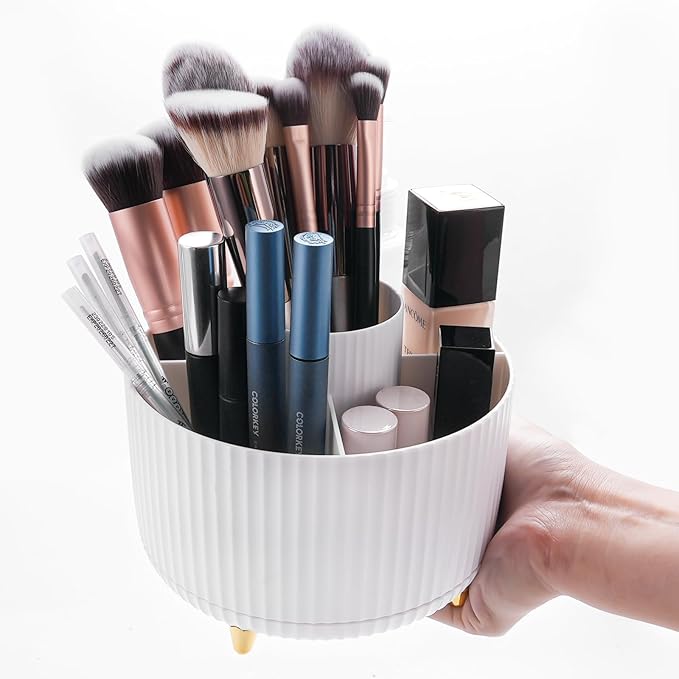 360°Rotating Makeup Organizer, 5 Slot Makeup Brush Holder, Spinning Cosmetic Organizer for Vanity, Bedroom(White)
