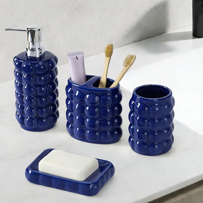4 Piece Ceramic Bathroom Accessories Set –Soap Dispenser,Toothbrush Holder,Tumbler & Soap Dish,Includes Silicone Funnel,Non-Slip,Modern Farmhouse Countertop Organizer Set for Bathroom Decor, Navy Blue