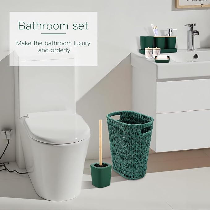 XLHOMO Dark Green Bathroom Accessories Set with Wicker Trash Can, Dark Green Bathroom Accessories Set Bathroom Sets Small Waste Basket Bathroom Trash Can for Bedroom Bathroom