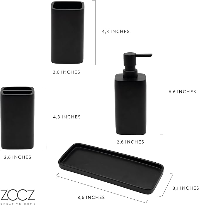ZCCZ Bathroom Accessory Sets, 4 Pieces Bathroom Accessories Complete Set Vanity Countertop Accessory Set, Includes Lotion Dispenser Soap Pump, Tumbler, Toothbrush Holder and Tray (Matte Black)