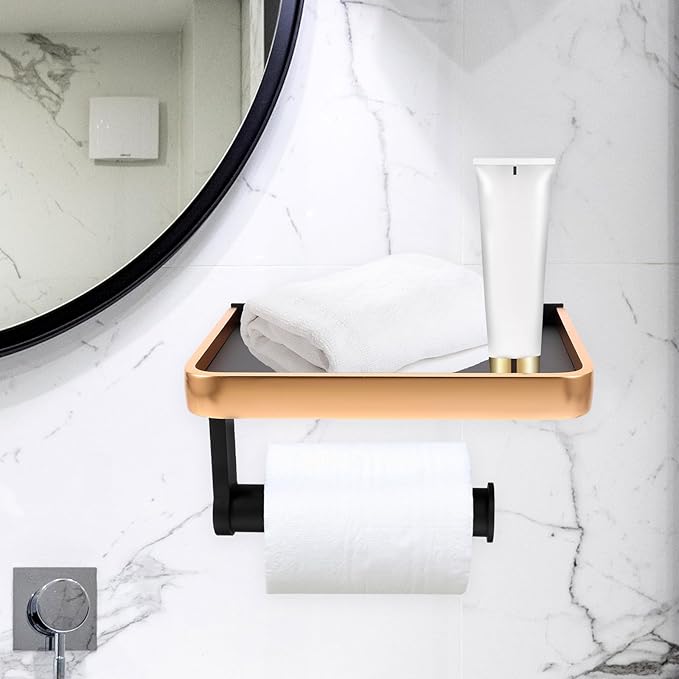 FRCOLOR Bathroom Storage Shelf Wall Mounted No-Drill Space-Saving Toilet Paper Holder with Phone Stand One-Layer Rack for Small Items Organizer