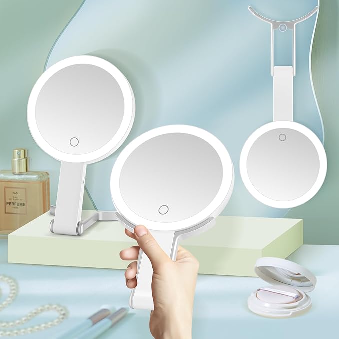 MIYADIVA Magnifying Mirror with Light, 20X Magnifying Makeup Mirror with Handheld,Travel Mirror with Lights and Magnification,3 Colors Desktop Mirror and Wall Mirror,Vanity Mirror with Lights 6 Inches