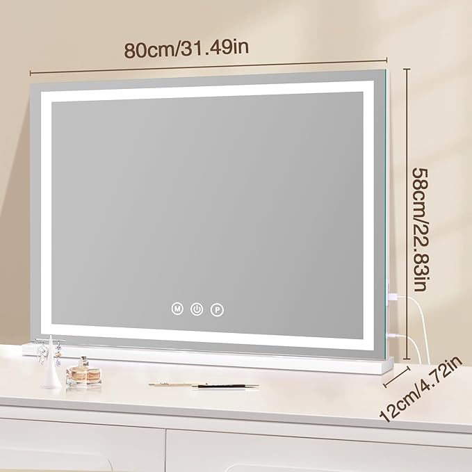 halumao Vanity Mirror with Lights, 31.5" x 23.6" Large Makeup Mirror with LED Lights, Smart Touch Dimmable 3-Color Light, Memory Function, USB Charging Port