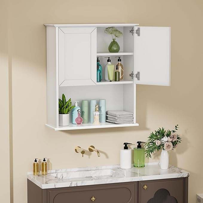 Bathroom Wall Cabinet Wooden with 2 Doors,Over the Toilet Storage Cabinet,Bathroom and Laundry Wall Mount Storage Medicine Cabinet with Open and Adjustable Shelf,Easy Assembly (Style A (1 PC), White)