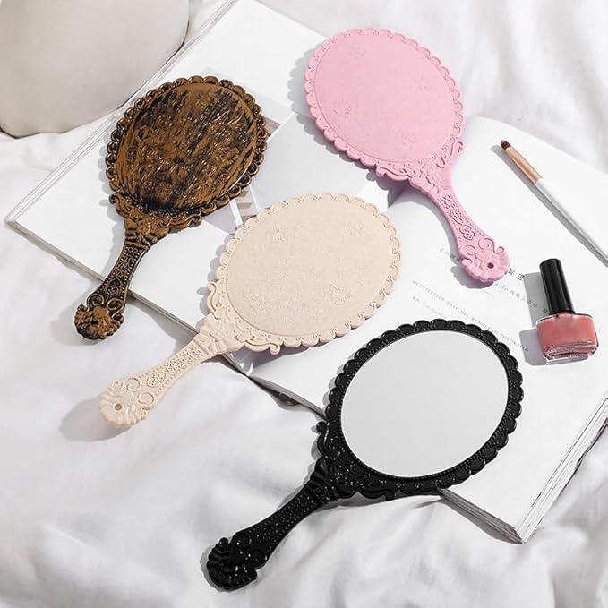 AKOAK Vintage Handheld Makeup Mirror, Exquisite Embossed Decorative Handle Makeup Mirror Portable Travel Mirror for Girls and Ladies (Oval, Rose Gold)