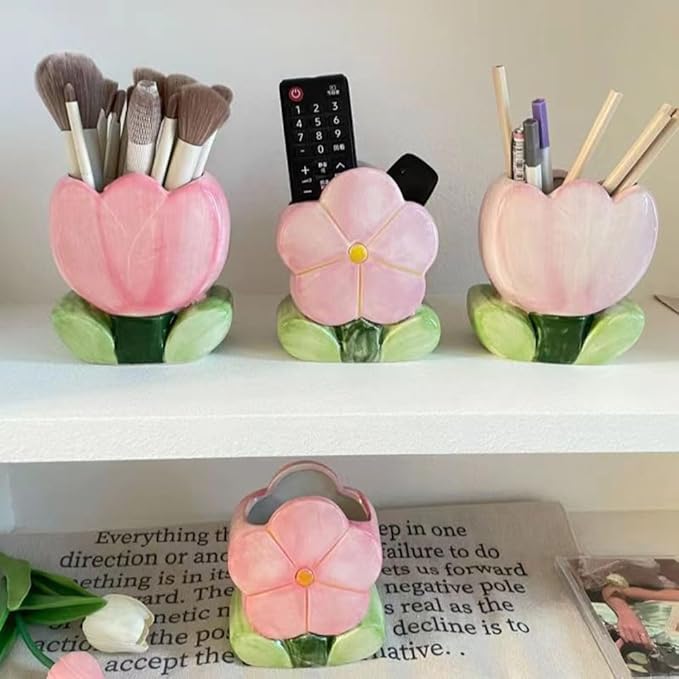 AMZWISH Pink Pen Holder, Ceramic Tulip Flower Design Makeup Brush Holder Stand for Countertop, Vanity Table, Desk Organizer for Bathrooms, Kitchens, Office