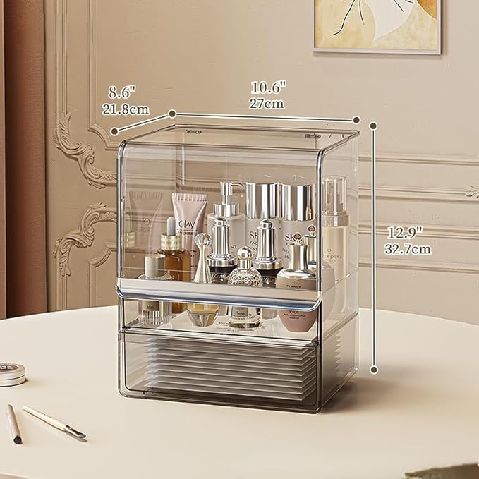 Makeup Organizer with Lid Drawers Translucent Skincare Holder Large Capacity Cosmetics Countertop Storage Box for Vanity Easy Visibility Dustproof (Silver Dark,Large Organizer)