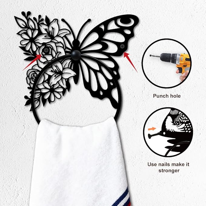 MAYJOYDIY Butterfly Metal Towel Ring Round Flower Hand Towel Holder Ring Hanger Wall Mount Black Vintage Towels Wall Organizer for Kitchen Bath Home Laundry Room Decors Gifts