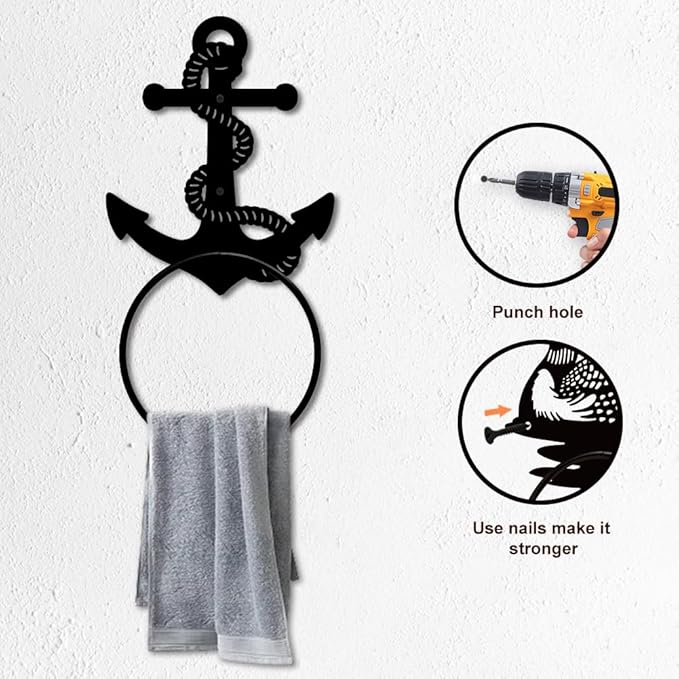 MAYJOYDIY Metal Towel Ring Boat Anchor Rope Metal Hand Towel Holder Vintage Nautical Theme Wall Mounted Rope Towel Rack Solid Anchor Towel Ring for Hanging Towel Home Bathroom Wall Decoration