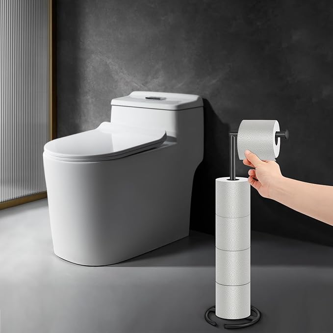 NearMoon Bath Toilet Paper Holder Stand- Modern Tissue Roll Holder Standing with Balanced Base, Rustproof Toilet Roll Holder for Bathroom/Kitchen Countertop (Matte Black, Metal Base)