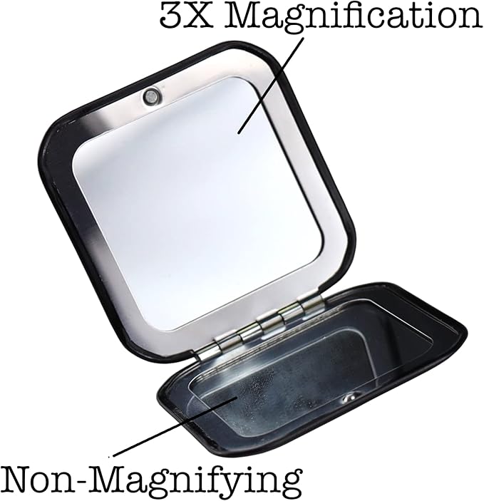 Iconikal 2-Pack Metal Compact Vanity Travel Purse Makeup Mirror 1X / 3X Magnifying, Black for Pocket Clutch Purse