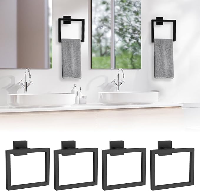 4Pcs Towel Holder Stainless Steel Towel Ring Square Hand Towel Holder Hanger Stylish Minimalist Towel Rack Ring Wall Mounted Towel Hanger for Home Bathroom