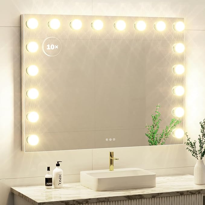 Gvnkvn Vanity Mirror with Lights USB+Type-C Charging, 32WX24L Tabletop Hollyhood Makeup Mirror, Hollywood Lighted Mirror with 18 Dimmable LED Bulbs,3 Colors Modes,Touch Control, Gold
