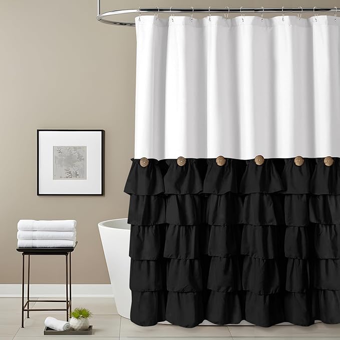 Seasonwood Black and White Farmhouse Shower Curtain 72 x 84 Black Ruffle Shower Curtain with Vintage Buttons, Rustic Decorative Fabric Shower Curtains