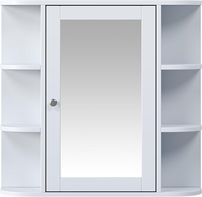 Merax Bathroom Wall Storage Cabinet with Mirror, 26 Inch Medicine Cabinet with Mirror Doors & Adjustable Wood Shelf, Space-Saving Modern Mounted Storage Cabinets with 6 Open Shelves, White
