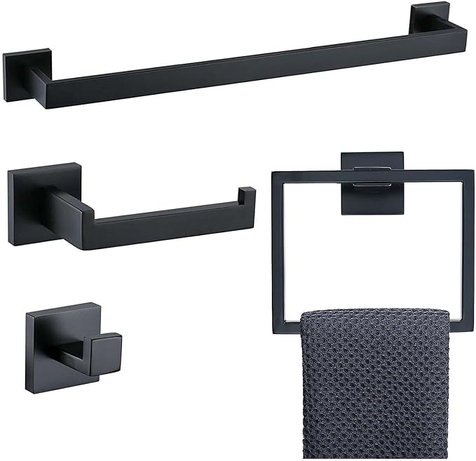 5PCS 304 Stainless Steel Bathroom Hardware Set,Including Towel bar,Towel Ring,Toilet Paper Holder,Robe Hook (Matt Black)