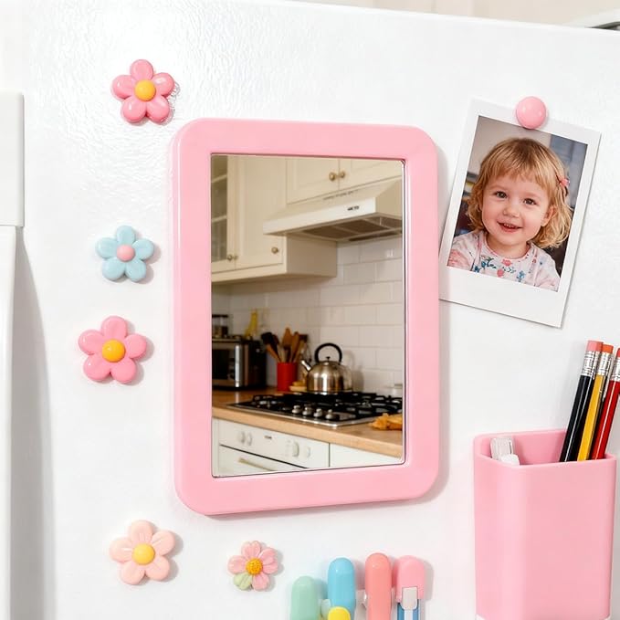 ARTLYMERS Magnetic Locker Mirror, 5x7 Real Glass Small Mirrors for Locker with Magnetic Backing, for School Locker, Bathroom, Household Refrigerator, Locker Accessory (Pink)