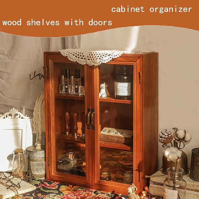 Vintage Countertop Cabinet14.5"x5.2"x18"Medicine Cabinet,Display Case with Organic Glass Door,Kitchen Cabinets with Drawers,Spice Cabinet,Apothecary Cabinet,Organization and Storage (Brown)