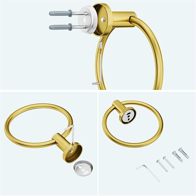 FORIOUS Towel Ring, SUS304 Stainless Steel Modern Hand Towel Holder Rack Hanger Round for Bathroom Wall Mounted, Ideal for Bath, Kitchen, RV, Dark Gold