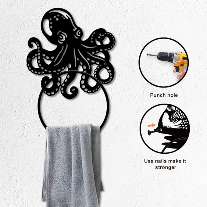 MAYJOYDIY Octopus Towel Rack Metal Towel Ring Holder Wall Mounted Round Octopus Tentacle Wall Decor Round Hand Towel Holder Metal Hand Towel Ring Holder for Bathroom Wall Mounted Hanging