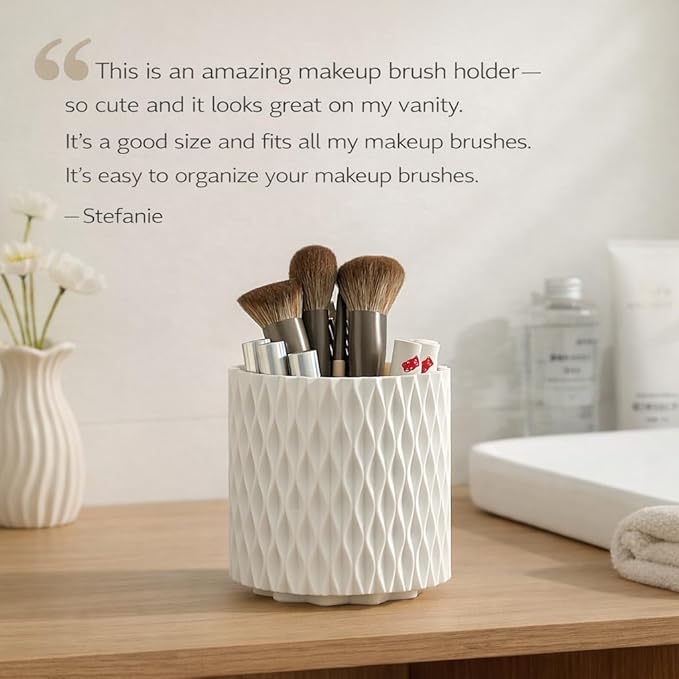 Makeup Brush Holder Organizer, 360?? Rotating 5-Slot Make up Brushes Cup for Cosmetic, Lipstick, Hair Brush Holder - Spinning Vanity Countertop Caddy for Bathroom, Dorm & Office, White