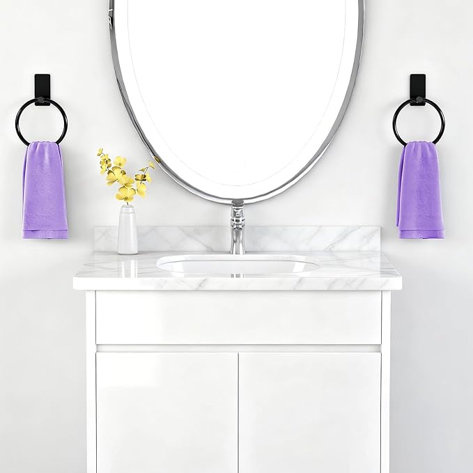 2 Pack Towel Ring, Hand Towel Holder for Bathroom, Self Adhesive Round Hand Towel Rings, Stainless Steel Towel Hanger Heavy Duty Towel Racks Stick On Wall for Kitchen, Matte Black