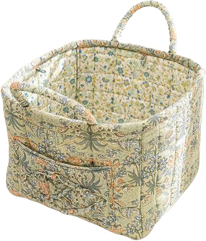 Quilted Fabric Storage Basket Boho Floral Laundry Hamper with Handle Foldable Floral Basket Organizer for Car Bedroom