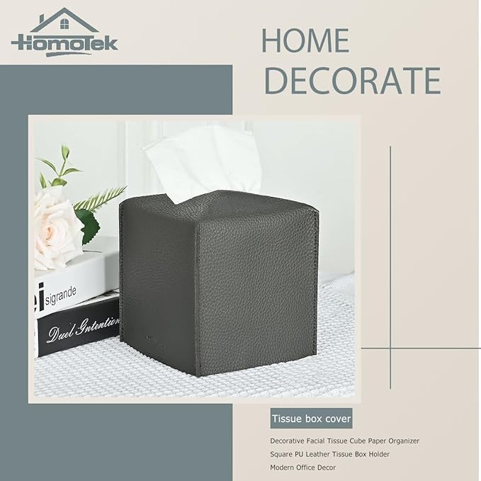 HOMOTEK 2 Pack Tissue Box Cover, Square PU Leather Tissue Holder, Decorative Facial Tissue Cube Paper Organizer Dispenser for Bathroom, Night Stands, Desk, Car 5X5X5'' - Beige, Pebble Grain