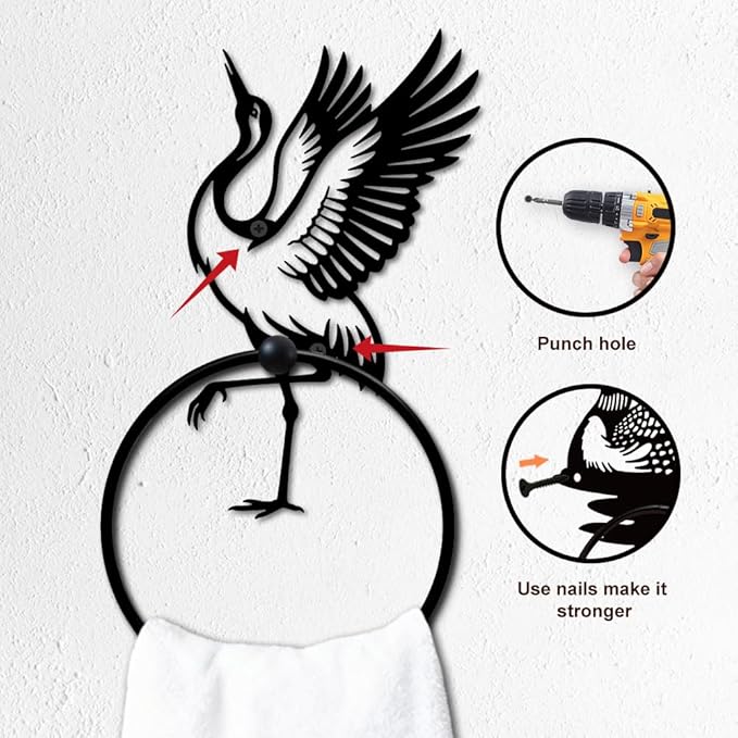 MAYJOYDIY Red-Crowned Crane Metal Towel Ring Round Animal Hand Towel Holder Ring Hanger Wall Mount Black Vintage Towels Wall Organizer for Kitchen Bath Home Laundry Room Decors Gifts