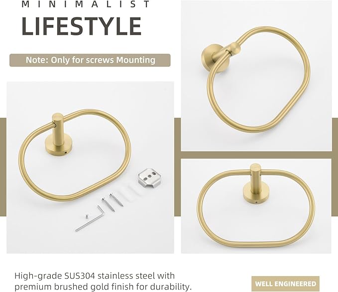 Angle Simple Towel Ring for Bathroom, SUS304 Stainless Steel Swivel Oval Hand Towel Ring Rack for Wall, Brushed Gold