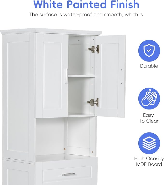 Virubi Laundry Cabinet with Tilt Out Laundry Hamper and Drawer, Wood Tall Bathroom Storage Cabinet with Doors and Adjustable Shelves, Freestanding