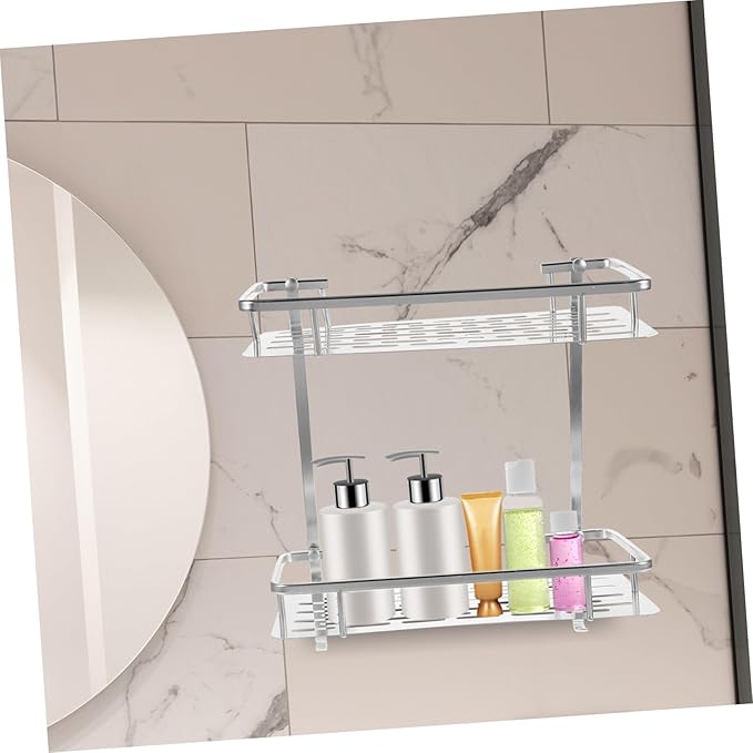 PRETYZOOM Bathroom Wall-Mounted Storage Rack Double Layer Aluminum Shelf Toilet Organizer for Bathroom Black Metal Design Space-Saving Solution for Sundries Storage
